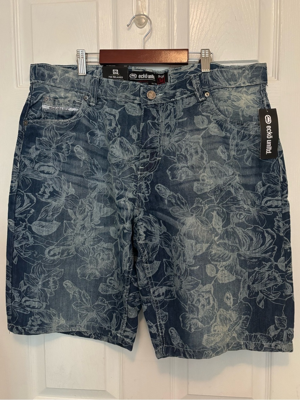 Ecko Unlimited Men’s Indigo Floral Denim Shorts